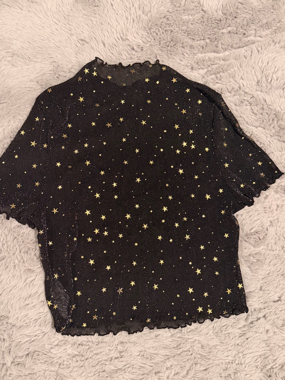 Black Star-Print Short Sleeve Mesh Top - Black